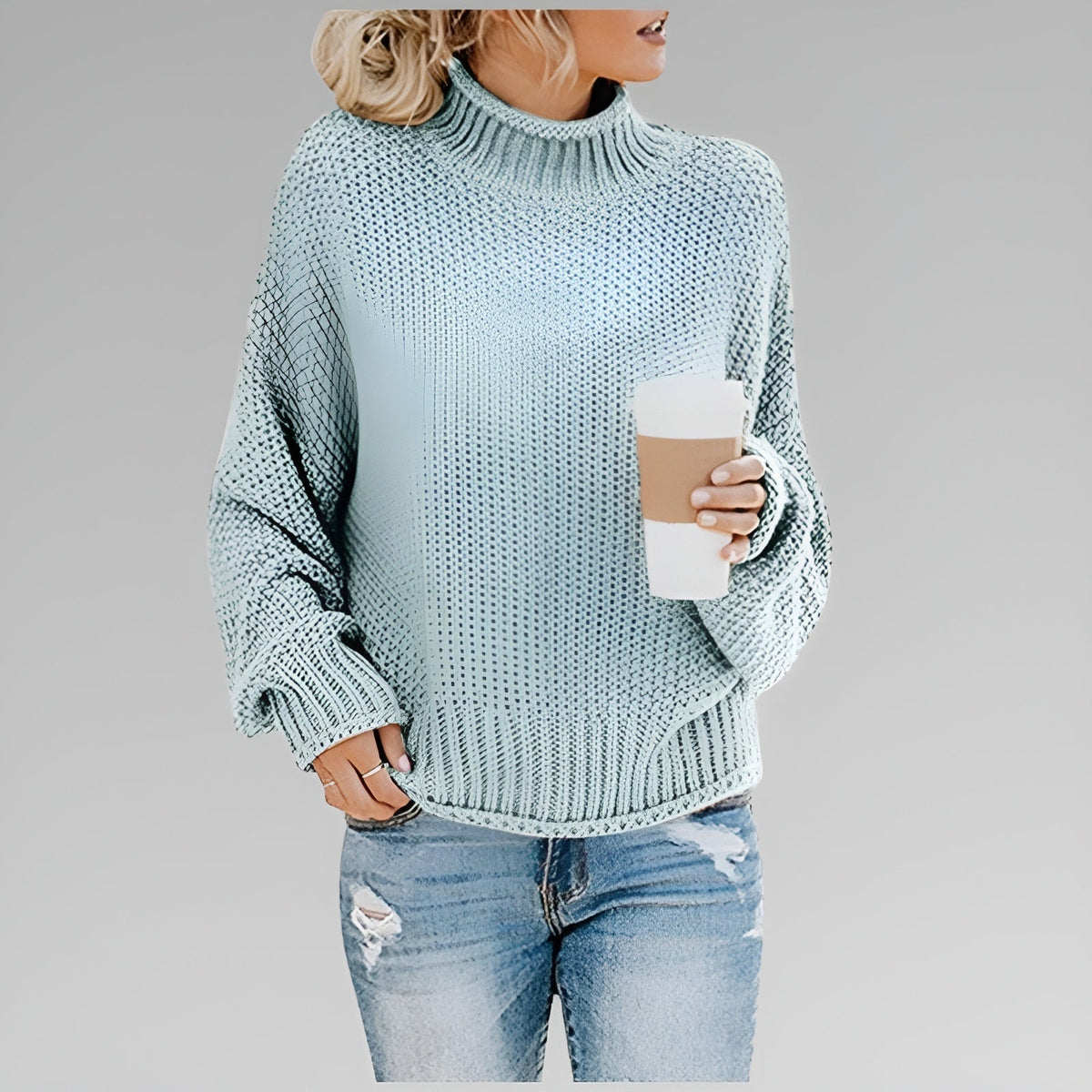 Women's Long-Sleeve Chunky Knit Jumper with Mock Roll-Neck – Light Blue