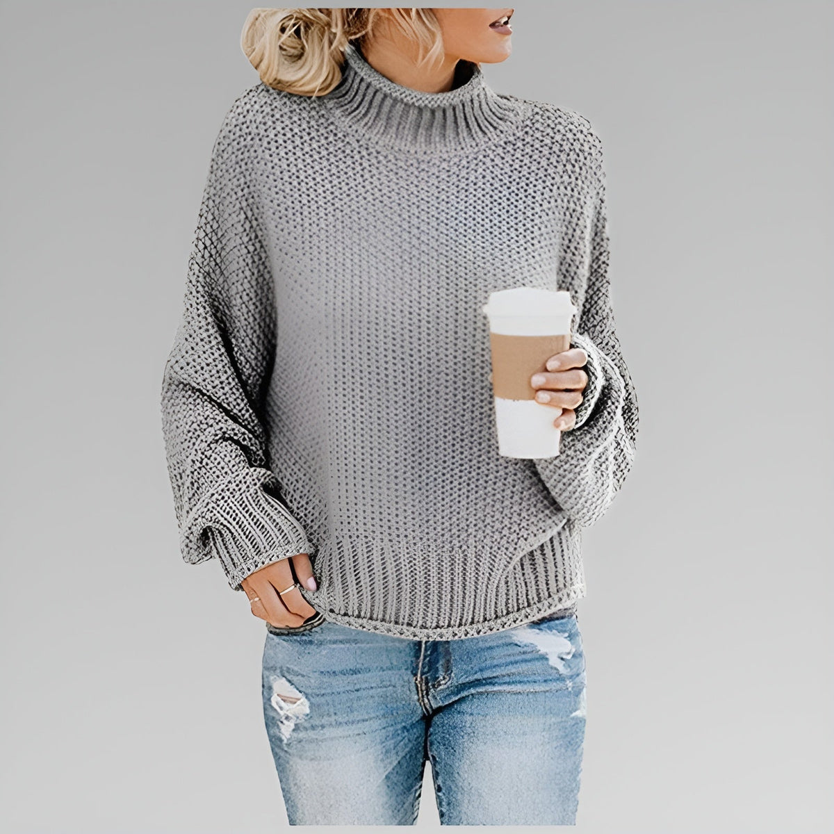Women's Long-Sleeve Chunky Knit Jumper with Mock Roll-Neck – Grey