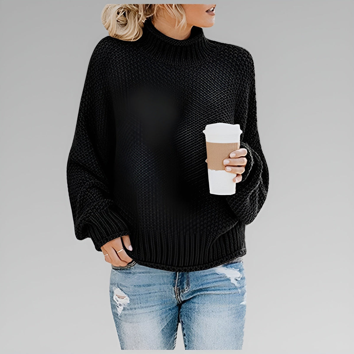 Women's Long-Sleeve Chunky Knit Jumper with Mock Roll-Neck – Black