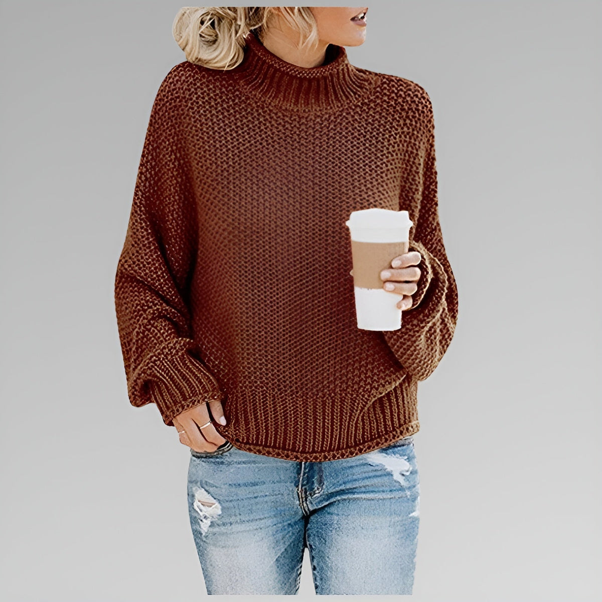 Women's Long-Sleeve Chunky Knit Jumper with Mock Roll-Neck – Brown