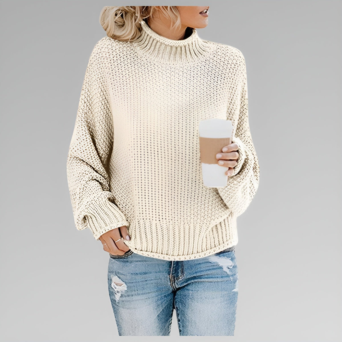 Women's Long-Sleeve Chunky Knit Jumper with Mock Roll-Neck – White
