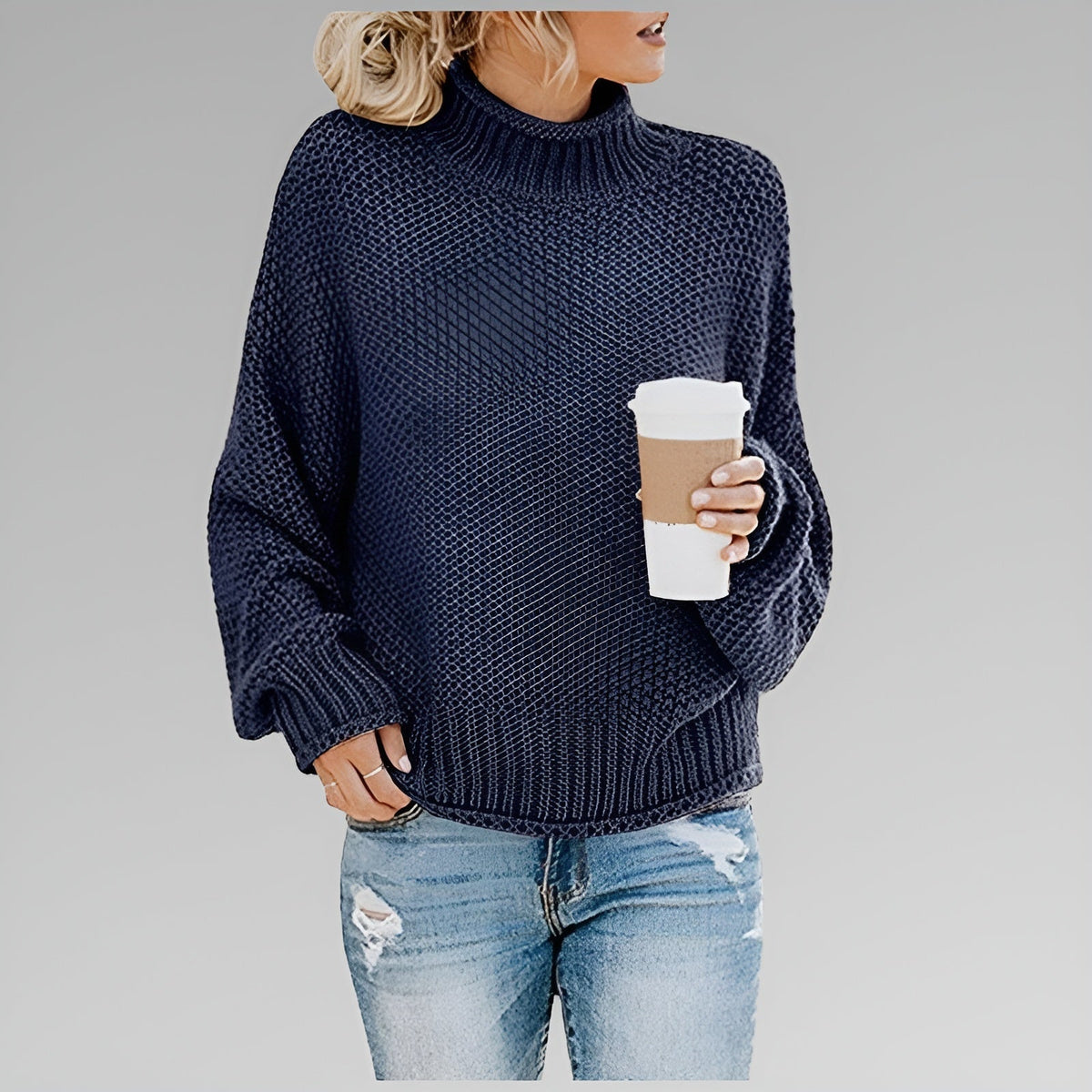 Women's Long-Sleeve Chunky Knit Jumper with Mock Roll-Neck – Royal Blue