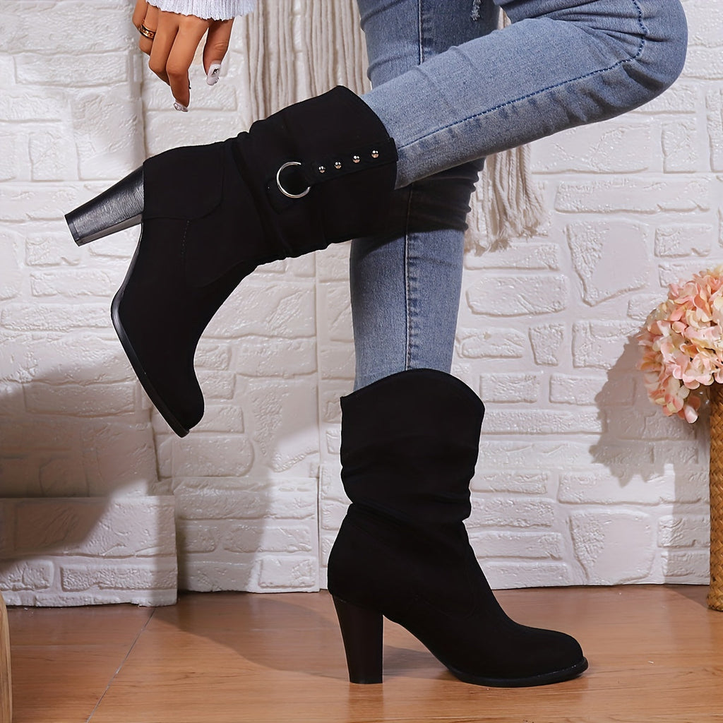Women's Black Square Toe Slouch Ankle Boots with Stacked Heel