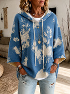 Women's Relaxed Floral Knit Hooded Poncho Jumper