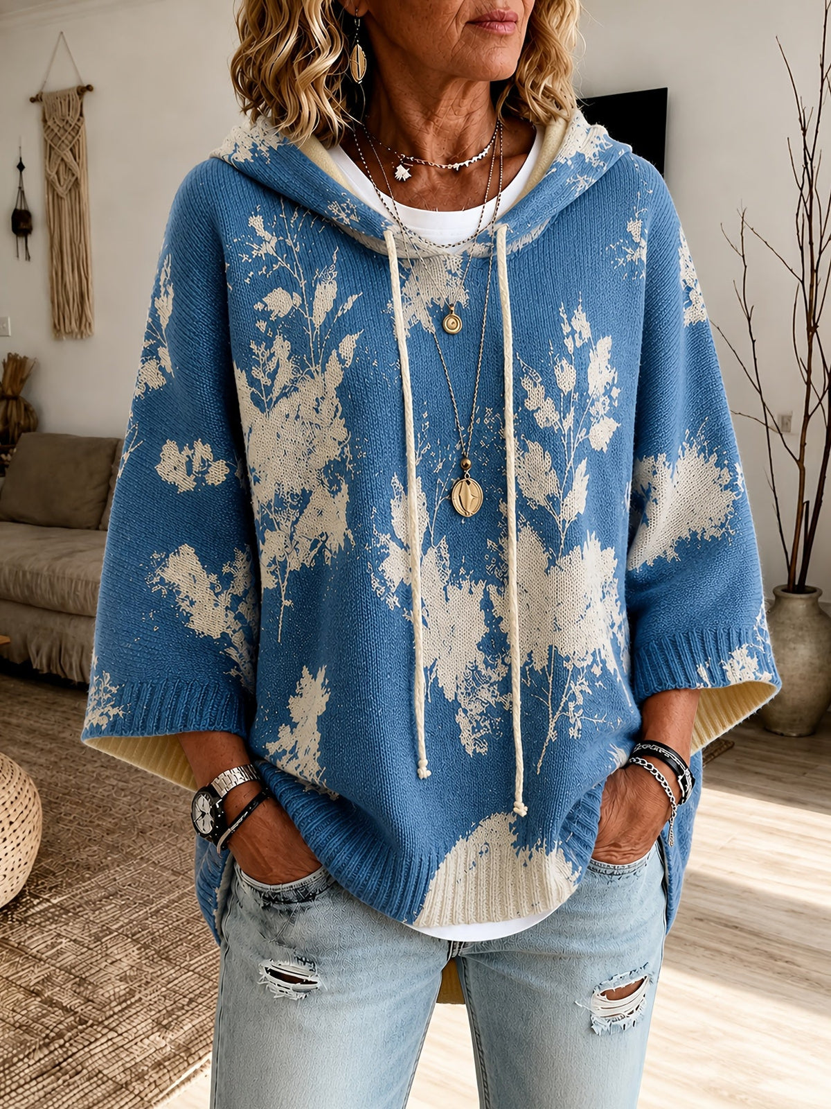 Women's Relaxed Floral Knit Hooded Poncho Jumper