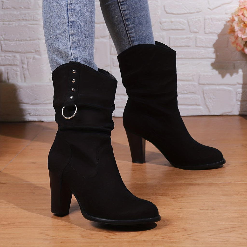Women's Black Square Toe Slouch Ankle Boots with Stacked Heel