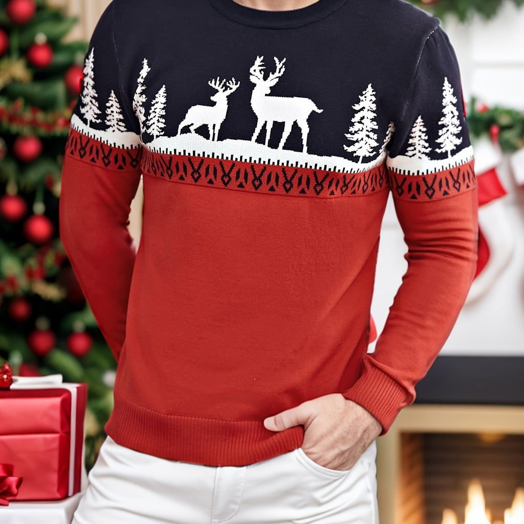 Women's Red Christmas Jumper with Reindeer Motif - Red