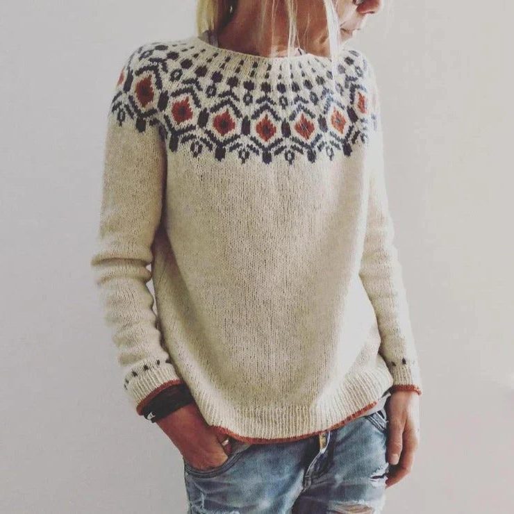 Women's Khaki Relaxed Fair Isle Crew Neck Knit Jumper - Khaki