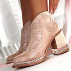 Women's Side-Zip Faux Leather Western Boots with Mid-Height Heel – Pink