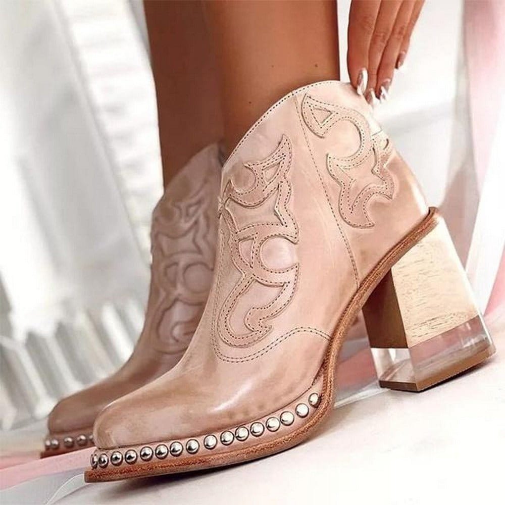 Women's Side-Zip Faux Leather Western Boots with Mid-Height Heel – Pink