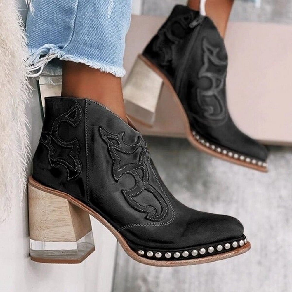 Women's Side-Zip Faux Leather Western Boots with Mid-Height Heel – Black
