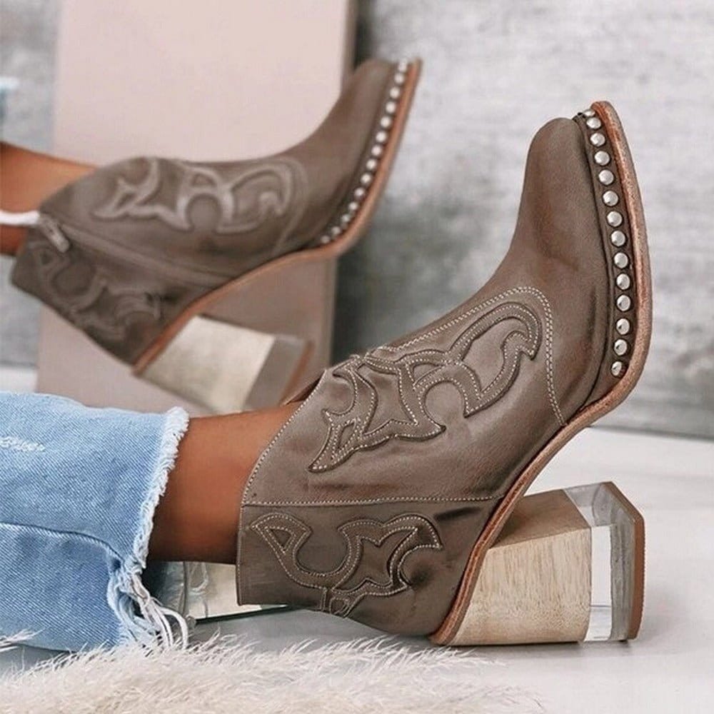 Women's Side-Zip Faux Leather Western Boots with Mid-Height Heel – Taupe