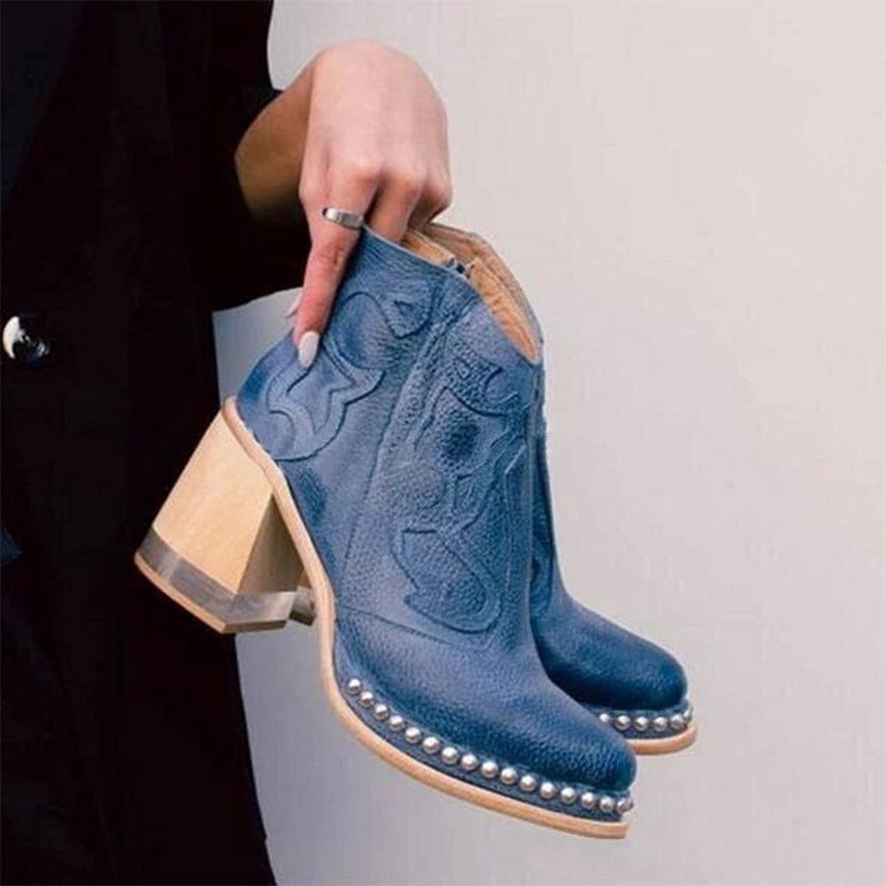 Women's Side-Zip Faux Leather Western Boots with Mid-Height Heel – Blue