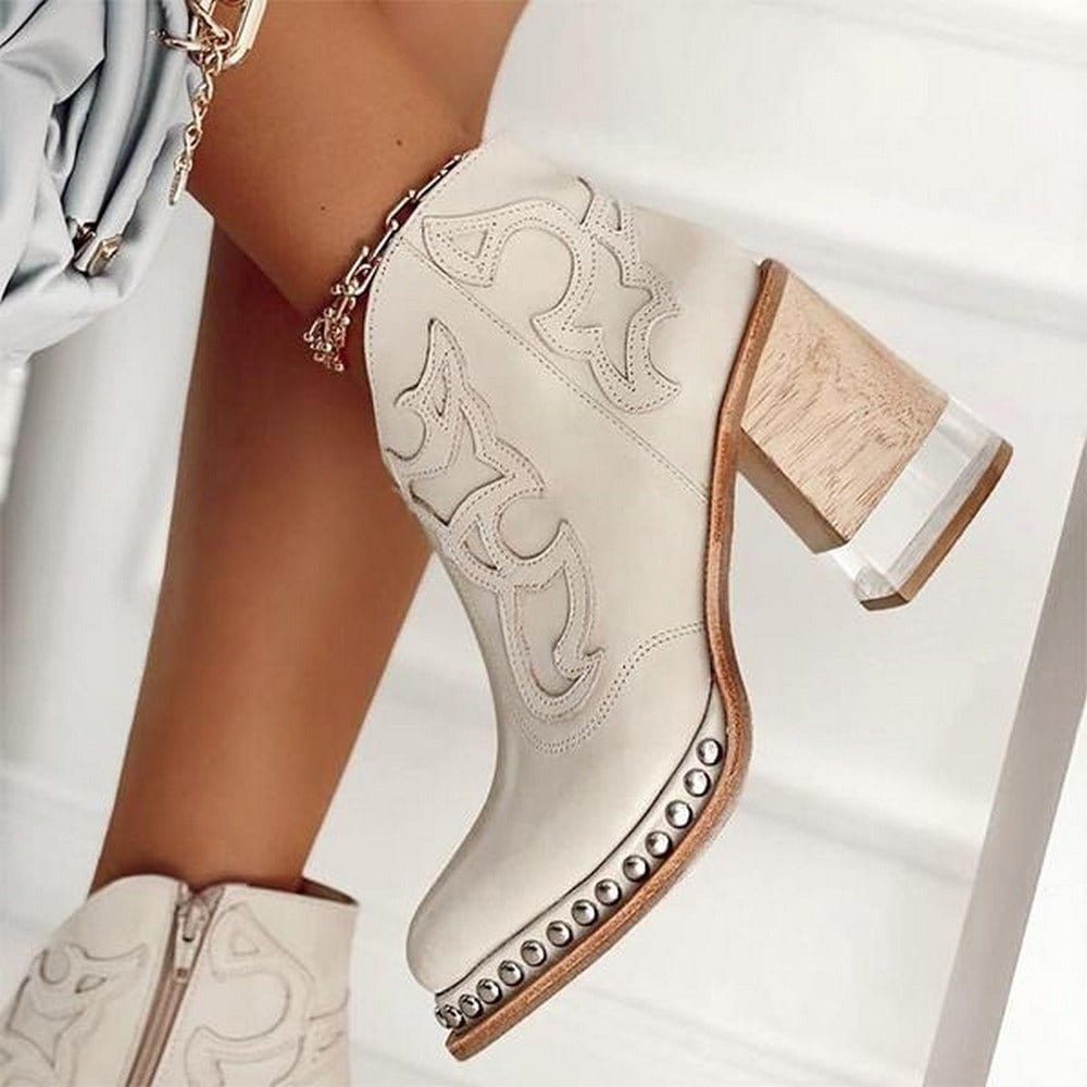 Women's Side-Zip Faux Leather Western Boots with Mid-Height Heel – White