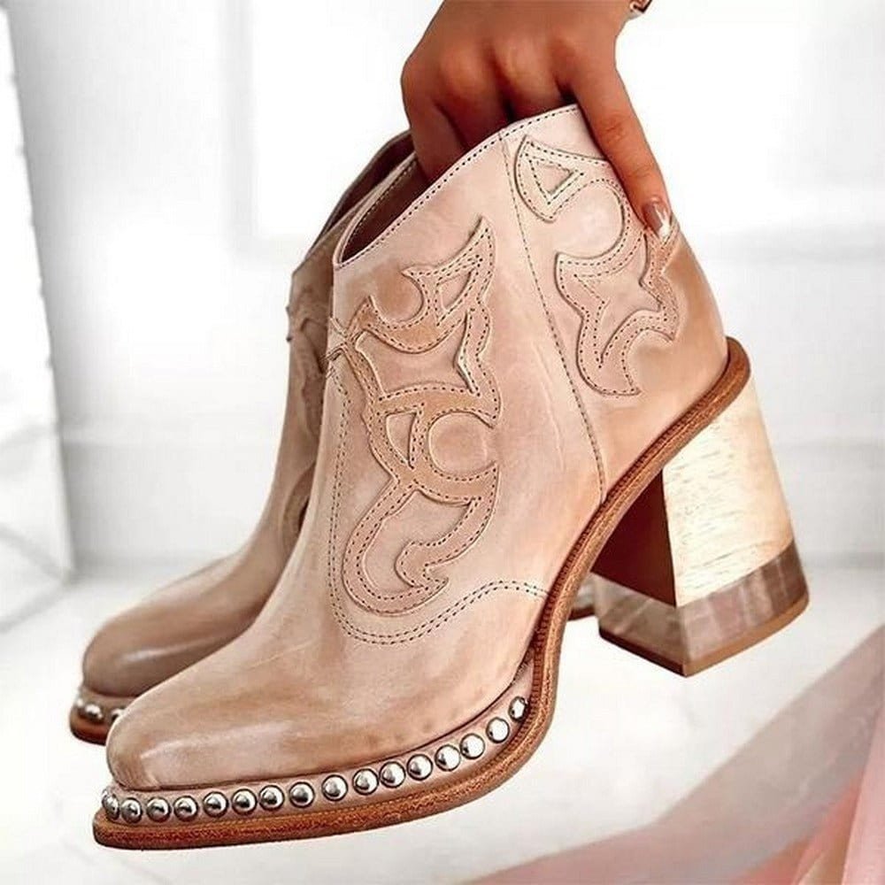 Women's Side-Zip Faux Leather Western Boots with Mid-Height Heel