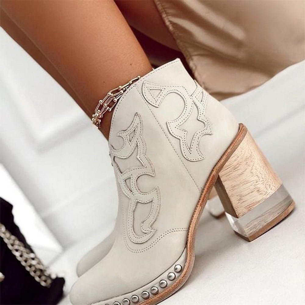 Women's Side-Zip Faux Leather Western Boots with Mid-Height Heel