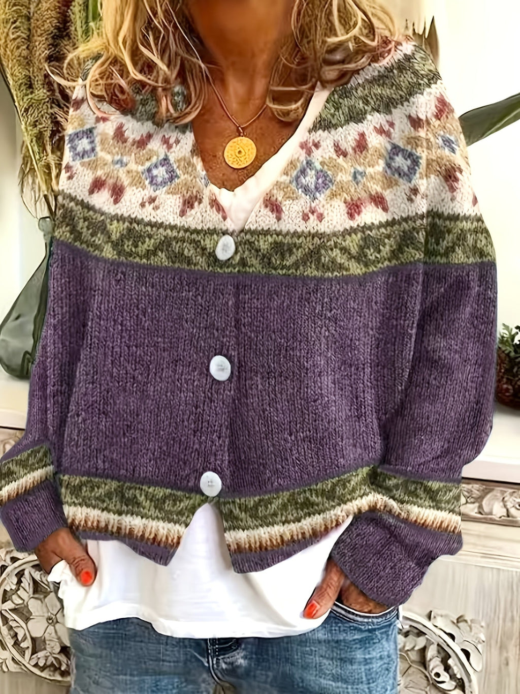 Women's Relaxed Knit Cardigan with Patterned Yoke