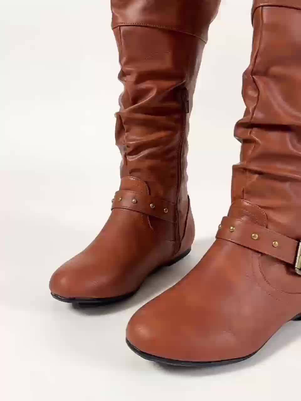 Women's Flat Round Toe Tall Boots with Buckle Strap
