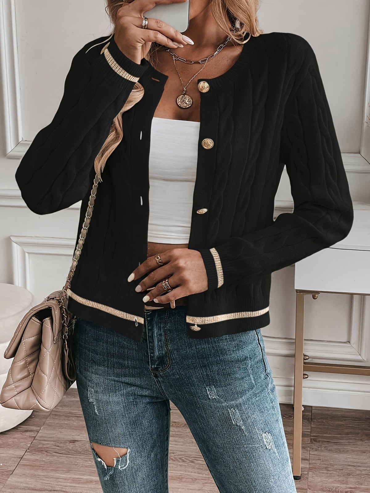 Women's Open Front Cable-Knit Cardigan with Button Detail