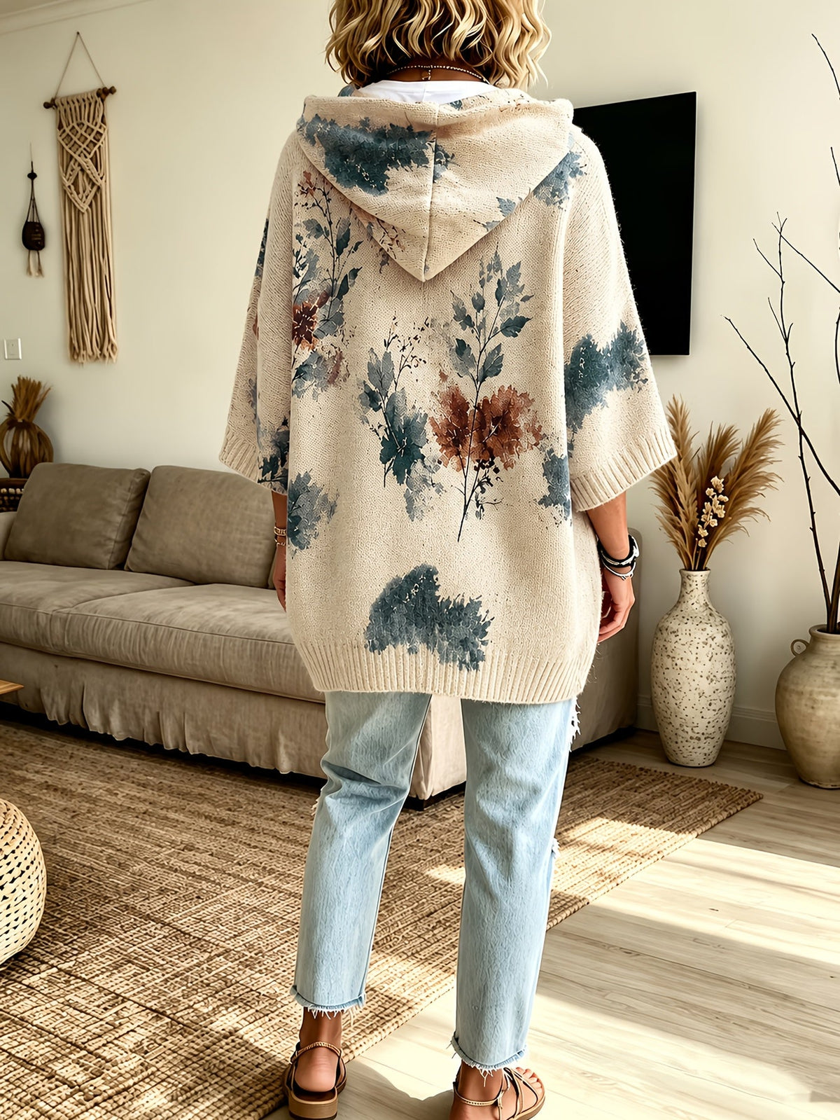 Women's Relaxed Floral Knit Hooded Poncho Jumper