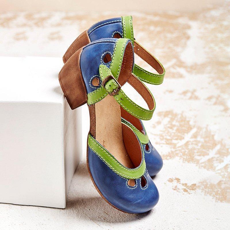 Women's Retro Perforated Buckle Strap Flats - Blue
