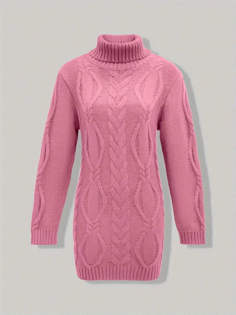 Women's Hip-Length Chunky Cable-Knit Roll-Neck Jumper