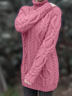 Women's Hip-Length Chunky Cable-Knit Roll-Neck Jumper