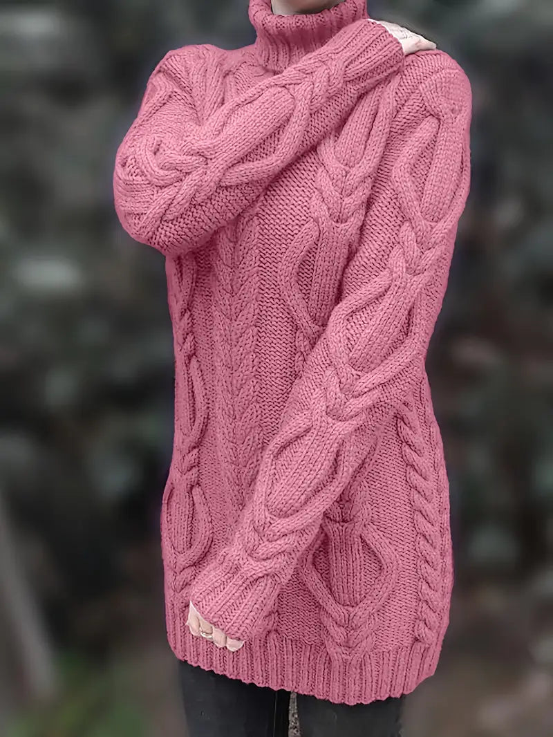 Women's Hip-Length Chunky Cable-Knit Roll-Neck Jumper