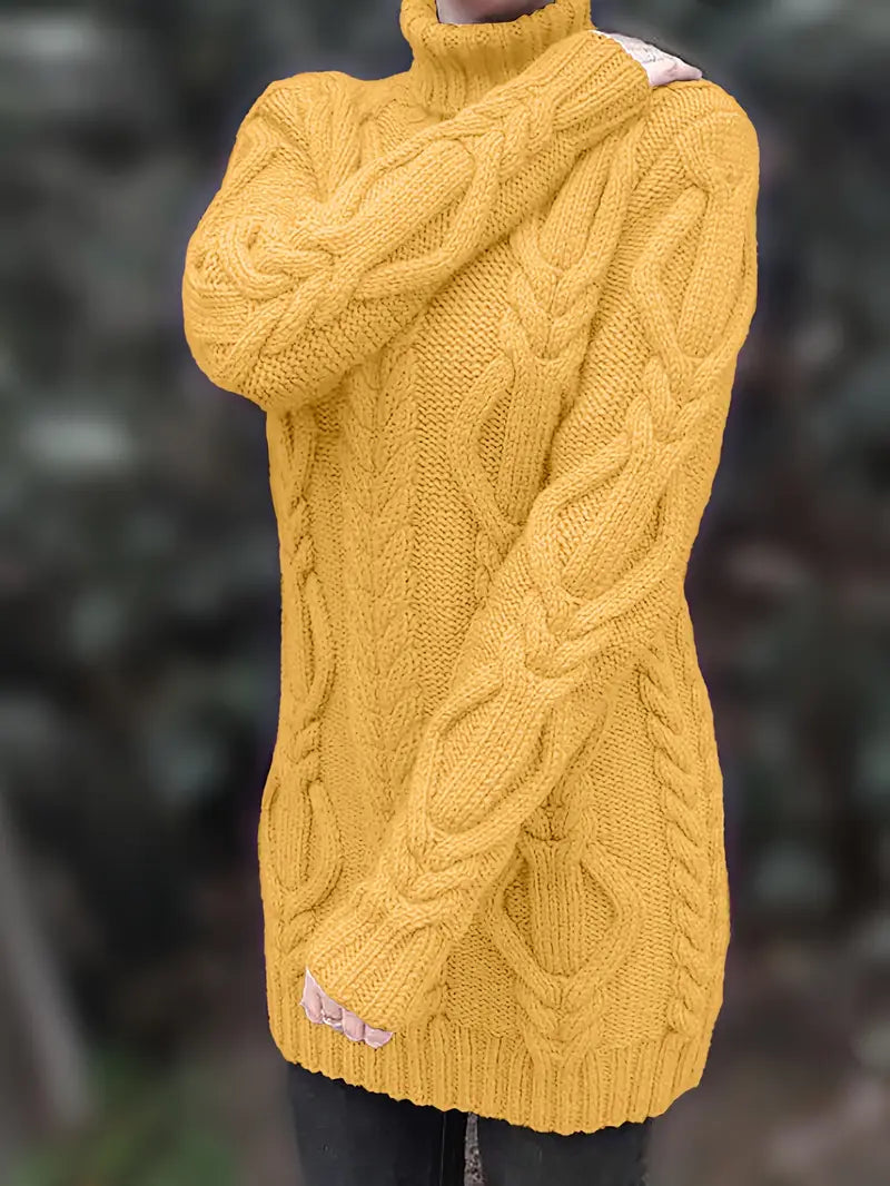 Women's Hip-Length Chunky Cable-Knit Roll-Neck Jumper