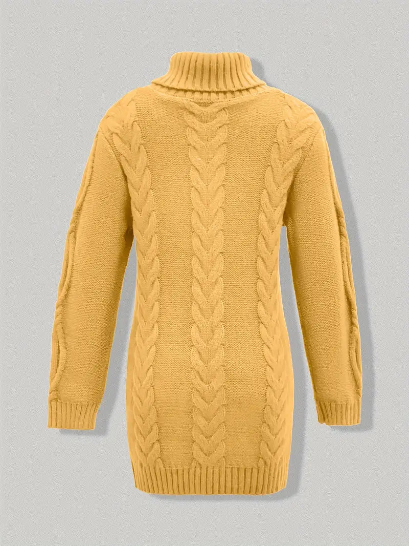Women's Hip-Length Chunky Cable-Knit Roll-Neck Jumper