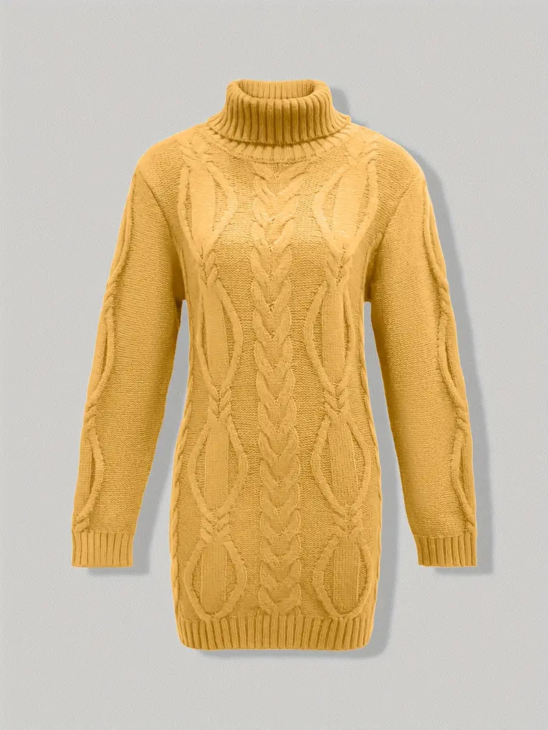 Women's Hip-Length Chunky Cable-Knit Roll-Neck Jumper