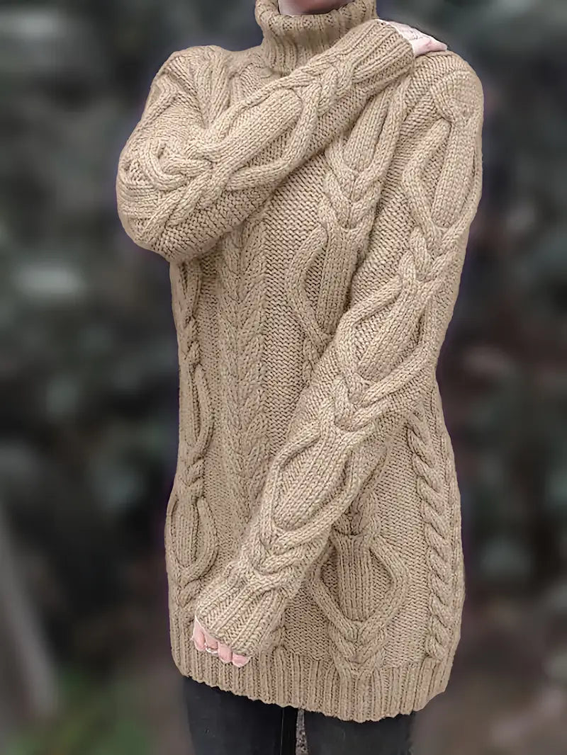 Women's Hip-Length Chunky Cable-Knit Roll-Neck Jumper