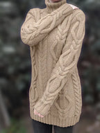 Women's Hip-Length Chunky Cable-Knit Roll-Neck Jumper
