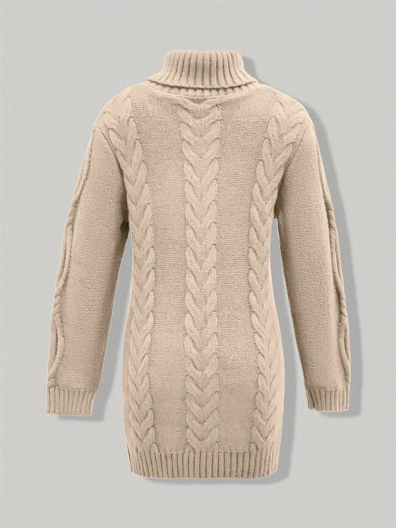Women's Hip-Length Chunky Cable-Knit Roll-Neck Jumper