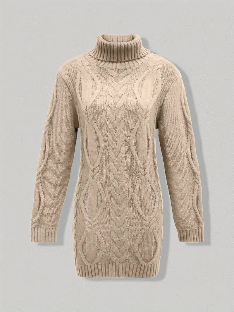 Women's Hip-Length Chunky Cable-Knit Roll-Neck Jumper
