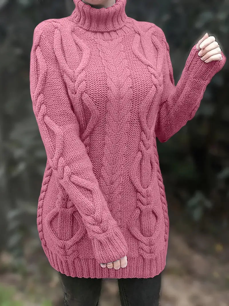 Women's Hip-Length Chunky Cable-Knit Roll-Neck Jumper – Pink