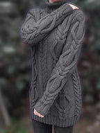Women's Hip-Length Chunky Cable-Knit Roll-Neck Jumper