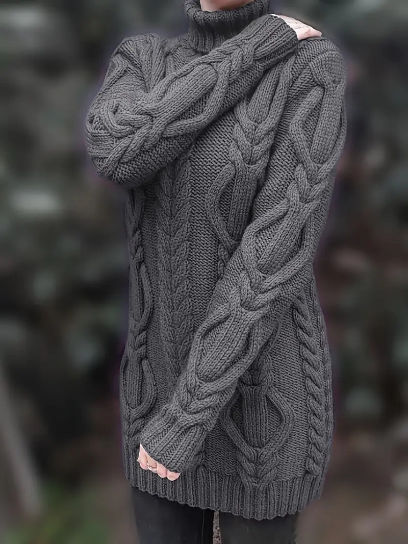 Women's Hip-Length Chunky Cable-Knit Roll-Neck Jumper