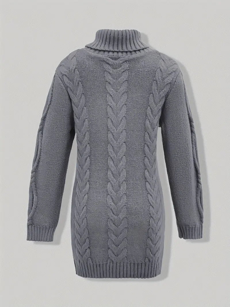 Women's Hip-Length Chunky Cable-Knit Roll-Neck Jumper