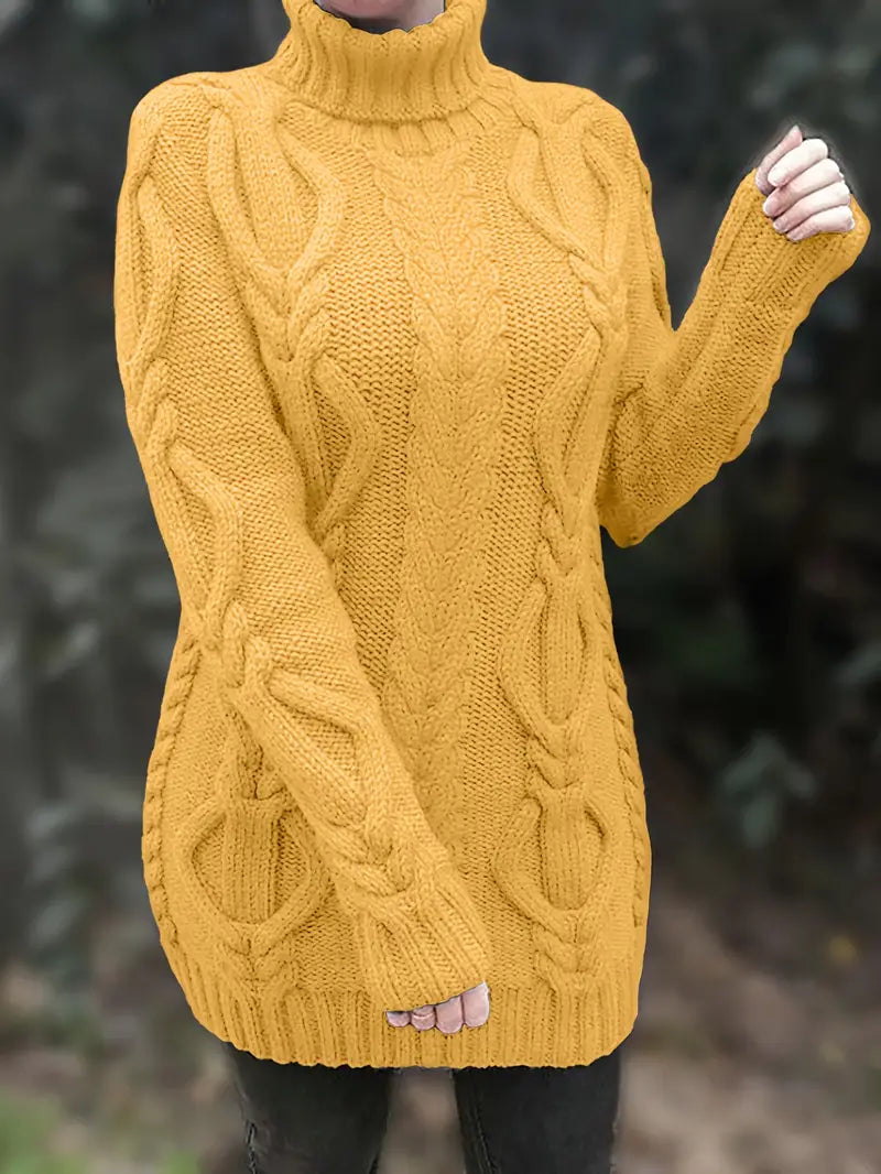 Women's Hip-Length Chunky Cable-Knit Roll-Neck Jumper – Yellow