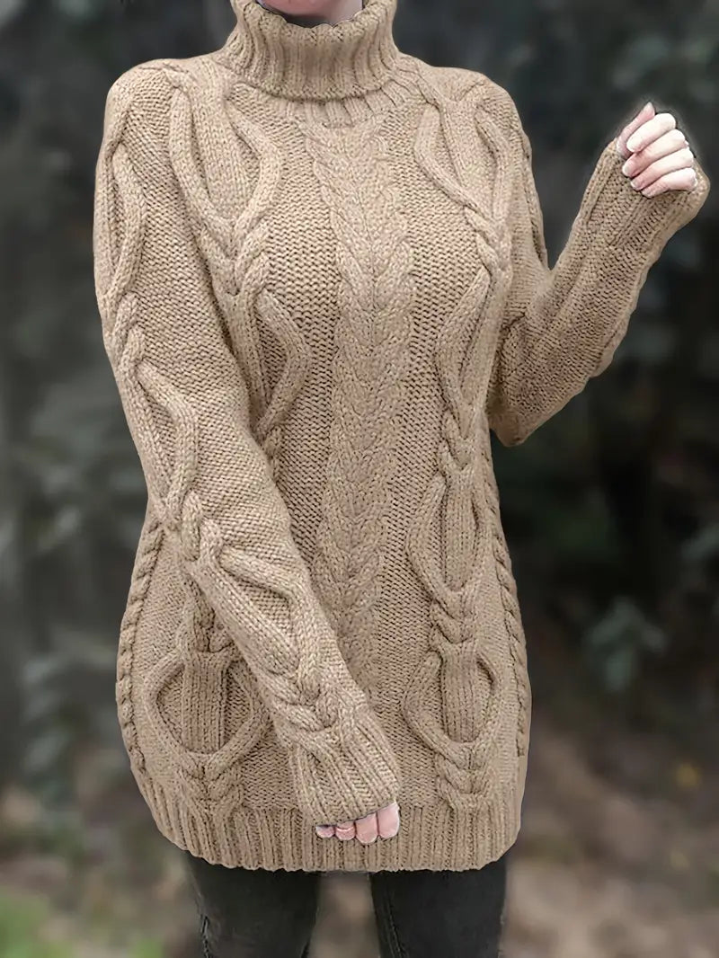 Women's Hip-Length Chunky Cable-Knit Roll-Neck Jumper – Beige