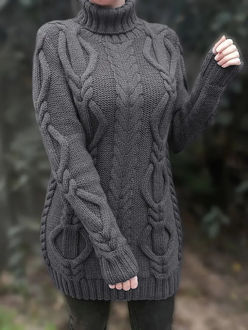 Women's Hip-Length Chunky Cable-Knit Roll-Neck Jumper – Grey