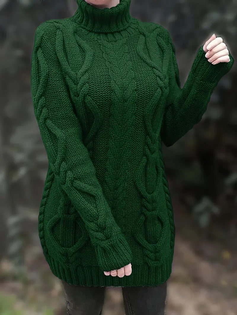 Women's Hip-Length Chunky Cable-Knit Roll-Neck Jumper – Green