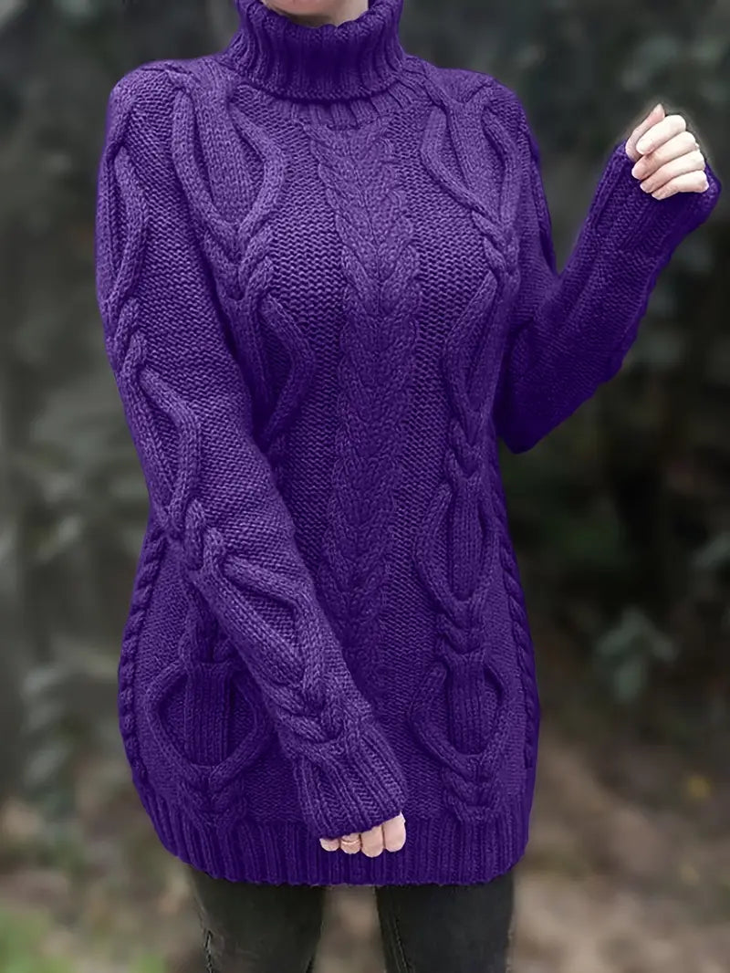 Women's Hip-Length Chunky Cable-Knit Roll-Neck Jumper – Purple