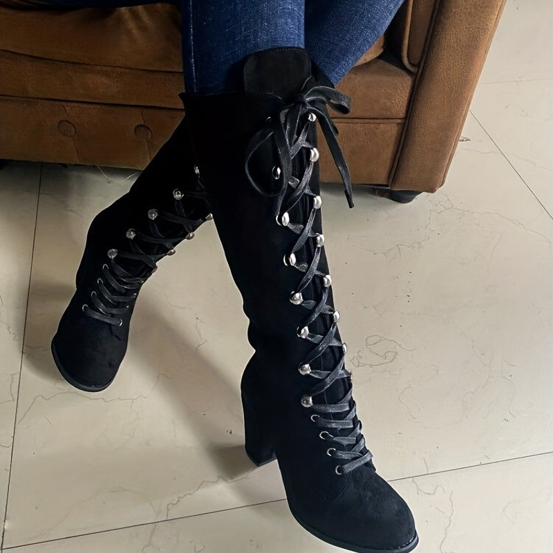 Women's Adjustable Lace-Front Tall Boots with Steady Block Heel
