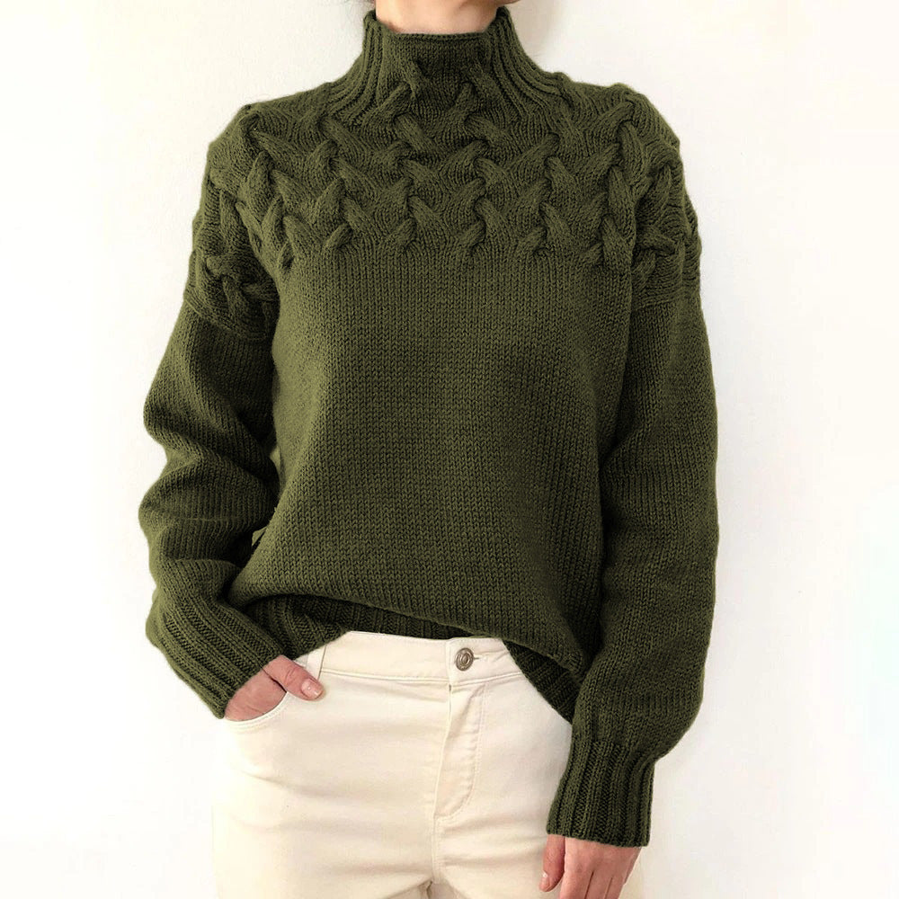 Women's Braided Yoke Roll-Neck Jumper with Ribbed Trims – Dark Green