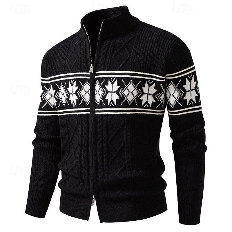 Women's Ribbed Knit Stand Collar Fair Isle Zip Cardigan - Black