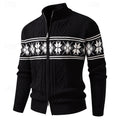 Women's Ribbed Knit Stand Collar Fair Isle Zip Cardigan - Black