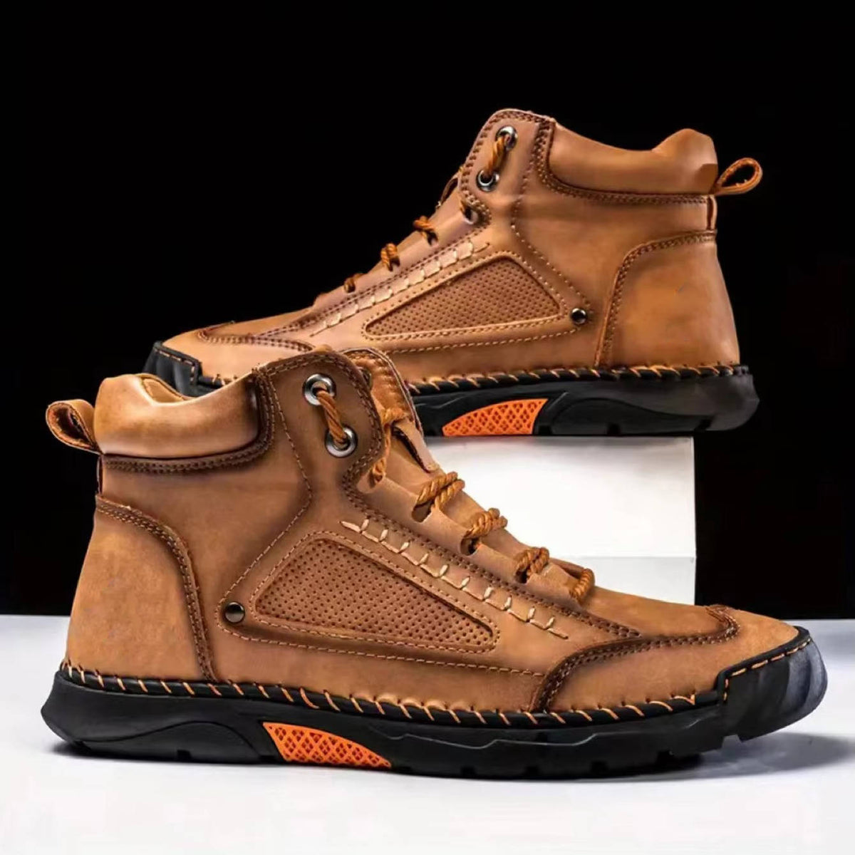 Men's Lace-Up Outdoor Ankle Boots with Hand-Stitched Detail – Brown
