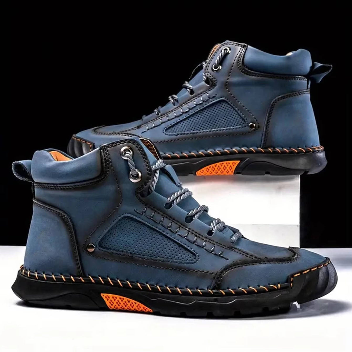 Men's Lace-Up Outdoor Ankle Boots with Hand-Stitched Detail – Dark Blue